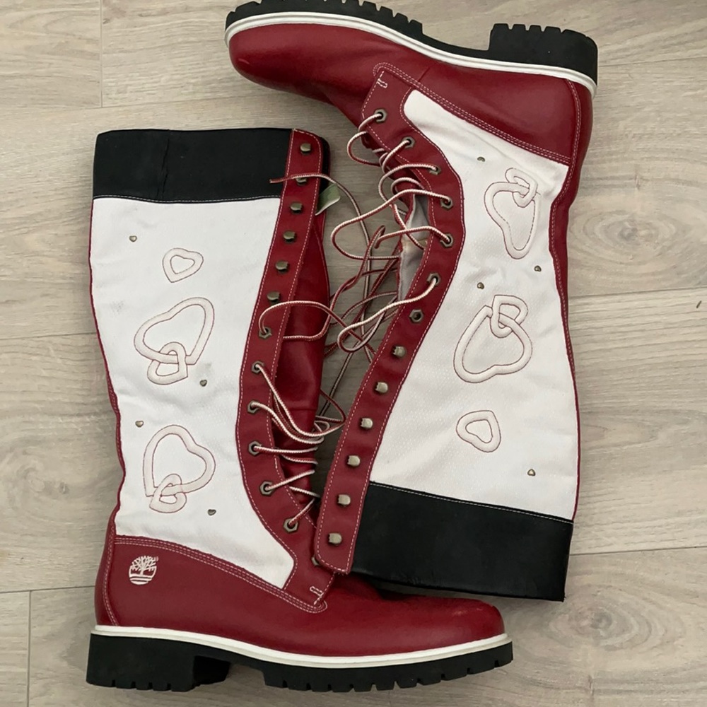 Red & White Hearts Calf High Lace Up Timberland Boots